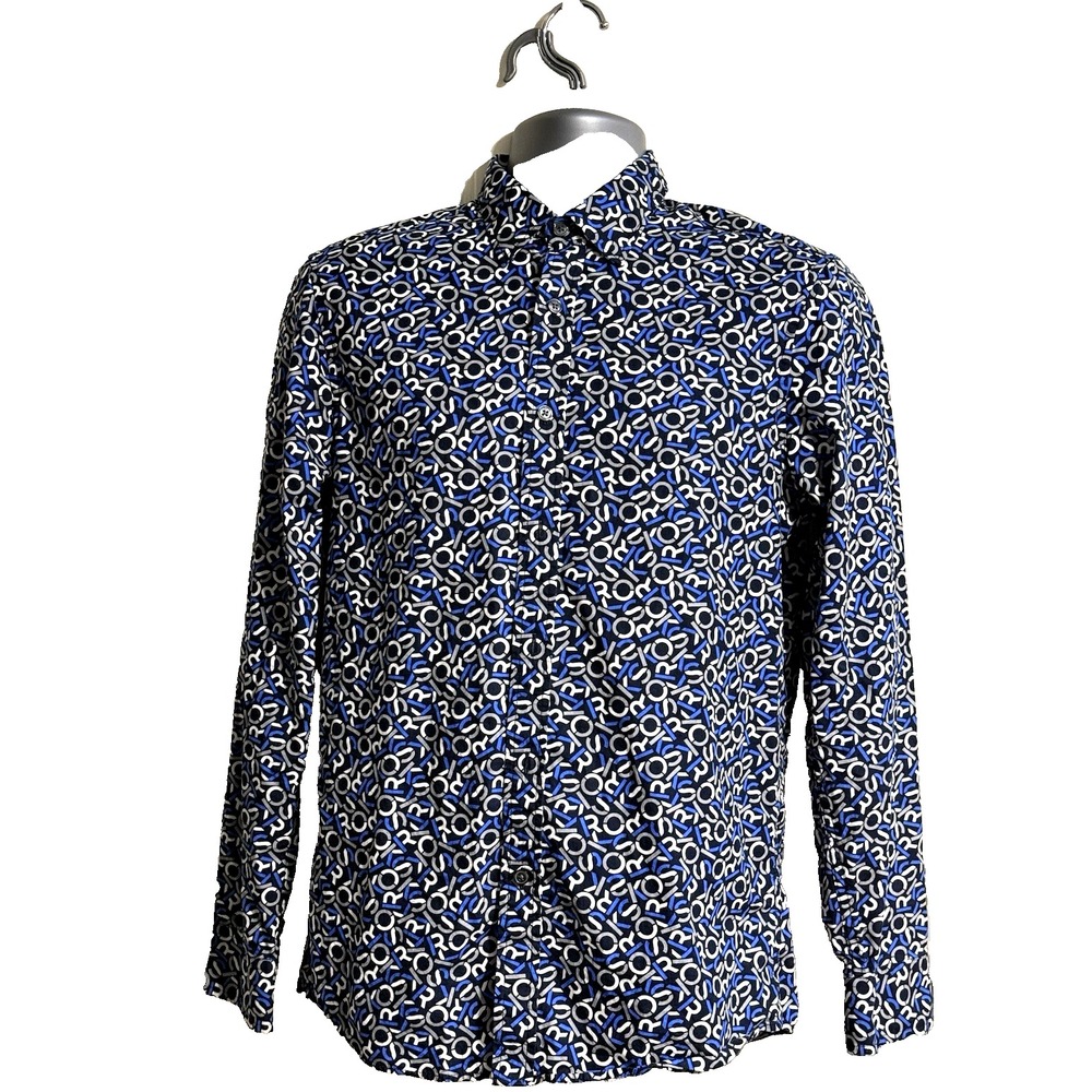 MICHAEL KORS Men's‎ All Over Print MK Button Down Dress Shirt Blue, White Size S